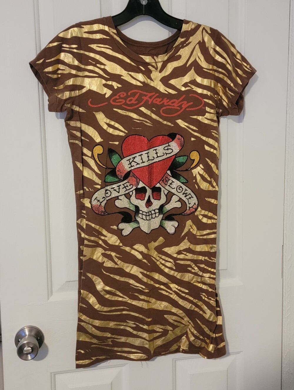 Vintage 90's Ed Hardy Rhinestone Skull/Gold/Brown Zebra Print/Mini Dress, Medium